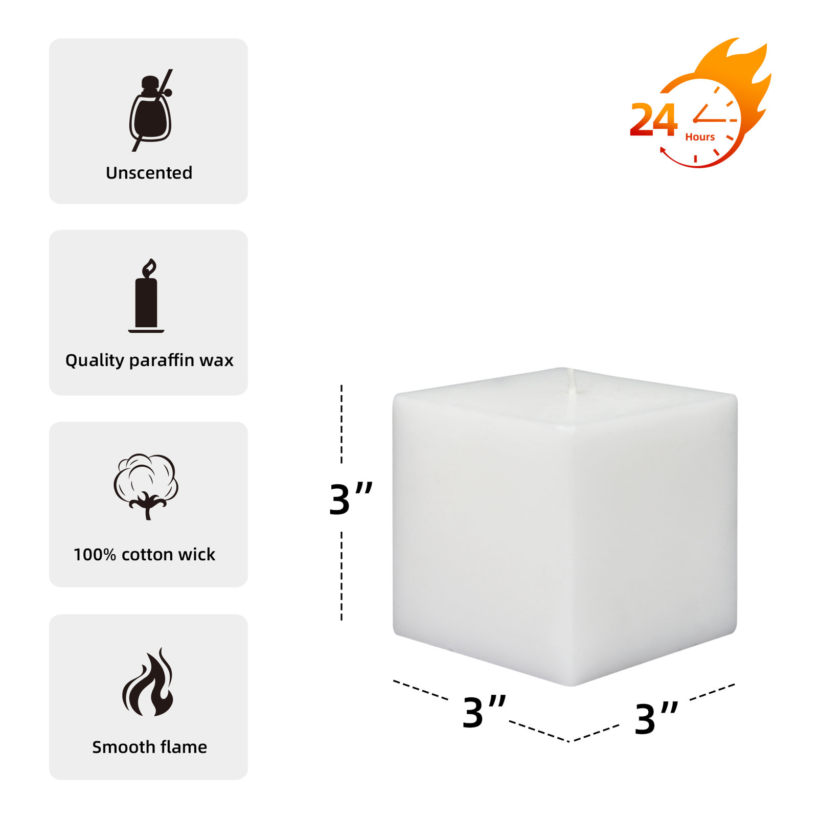 Square Pillar Candle, White, 3" H x 3" W x 3" D, Set of 12
