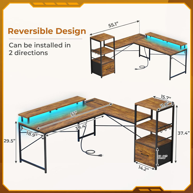 Shontae L-Shaped Computer Desk with Power Outlet, Brown/Black