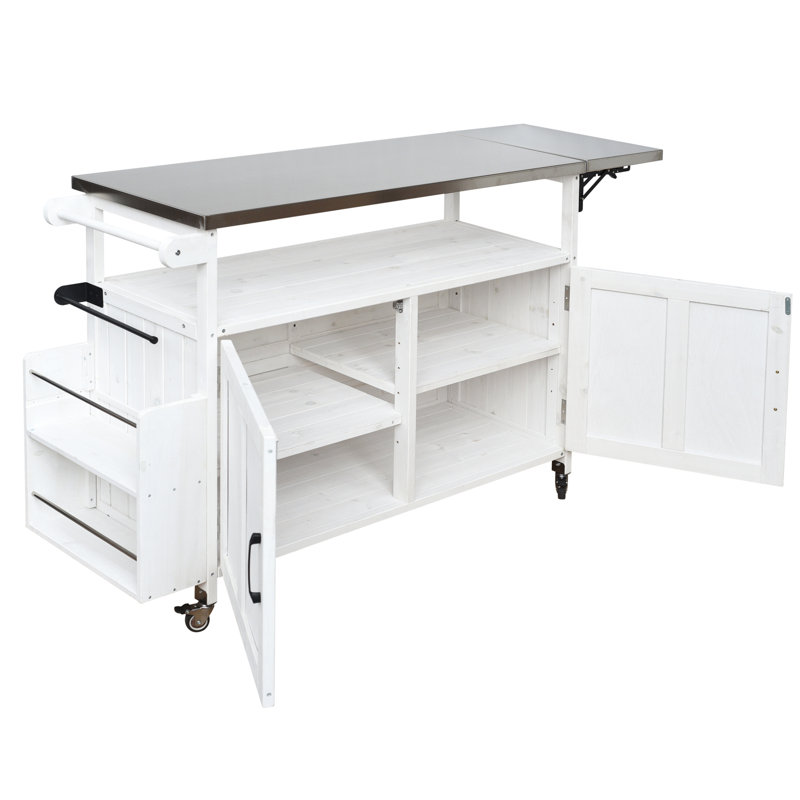 Îlot de cuisine portatif avec plateau rouille, structure en bois de sapin et tablette réglable, cuisine pliable blanche verrouillable, tablettes cachées, espace,