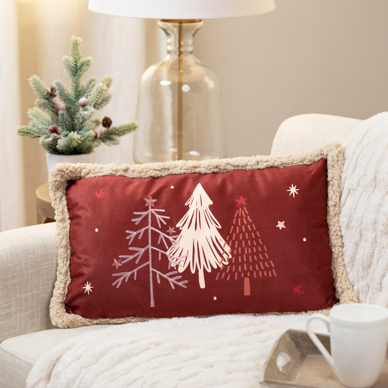 Coussin décoratif de Noël Trees and Stars - 22 po x 13 po - Rouge Sienne brûlé et beige