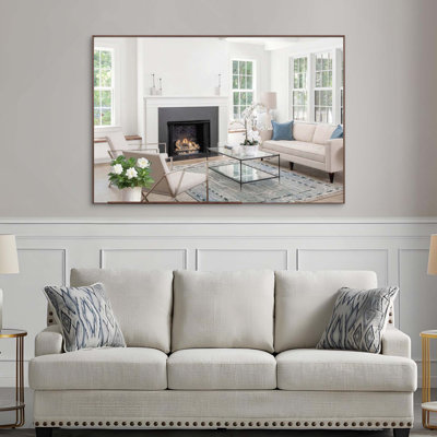 Miroir de salle de bain rectangulaire surdimensionné vertical ou horizontal mural avec cadre en aluminium et plateau amovible pour salle de bain, salon, chambre à coucher