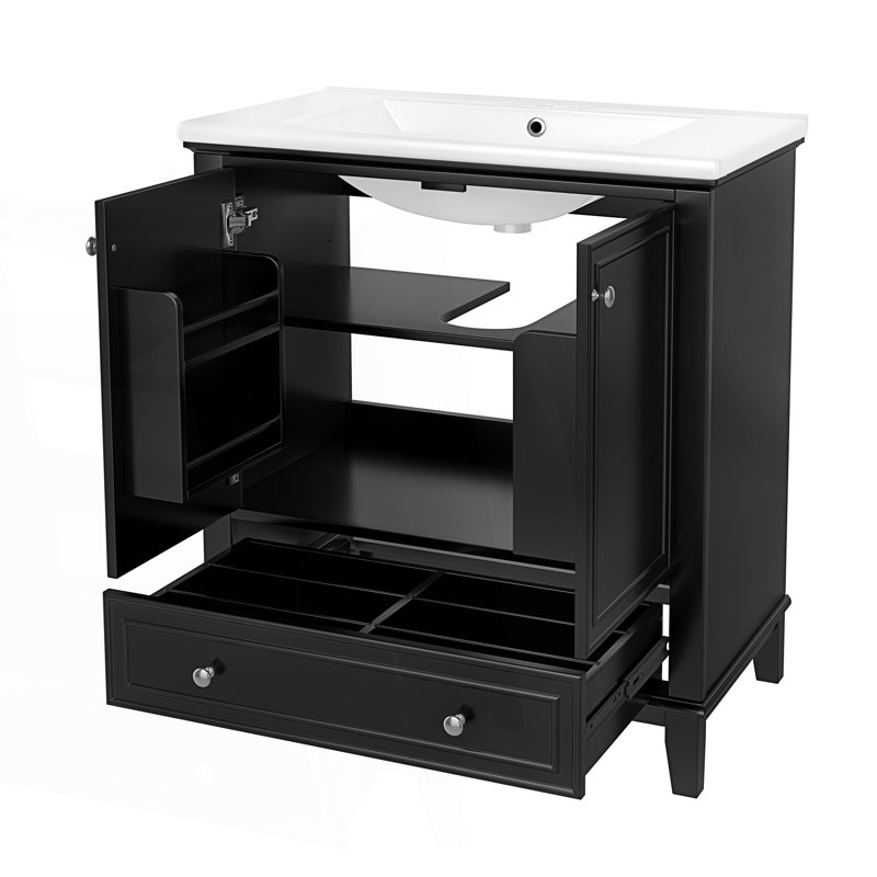 Meuble-lavabo multifonctionnel avec portes et tiroir, Noir