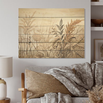Beige Minimalism Botanical Serenity - Plants Wood Art On Natural Pine Wood