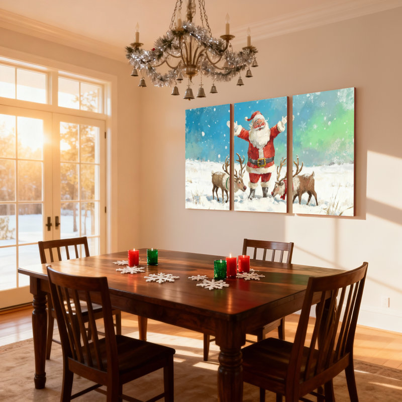 Père Noël de Noël avec renne dans un paysage enneigé, ensemble de 3 impressions sur toile, H 24 po x l 48 po