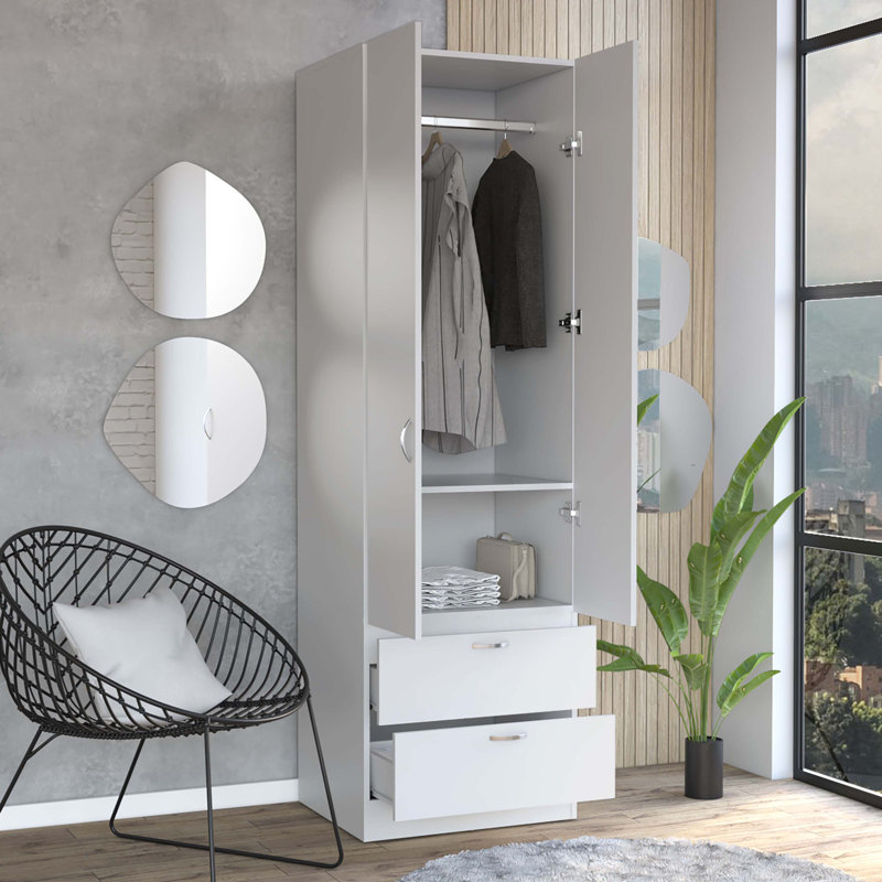 Armoire-penderie 76 po avec 2 tiroirs, Blanc