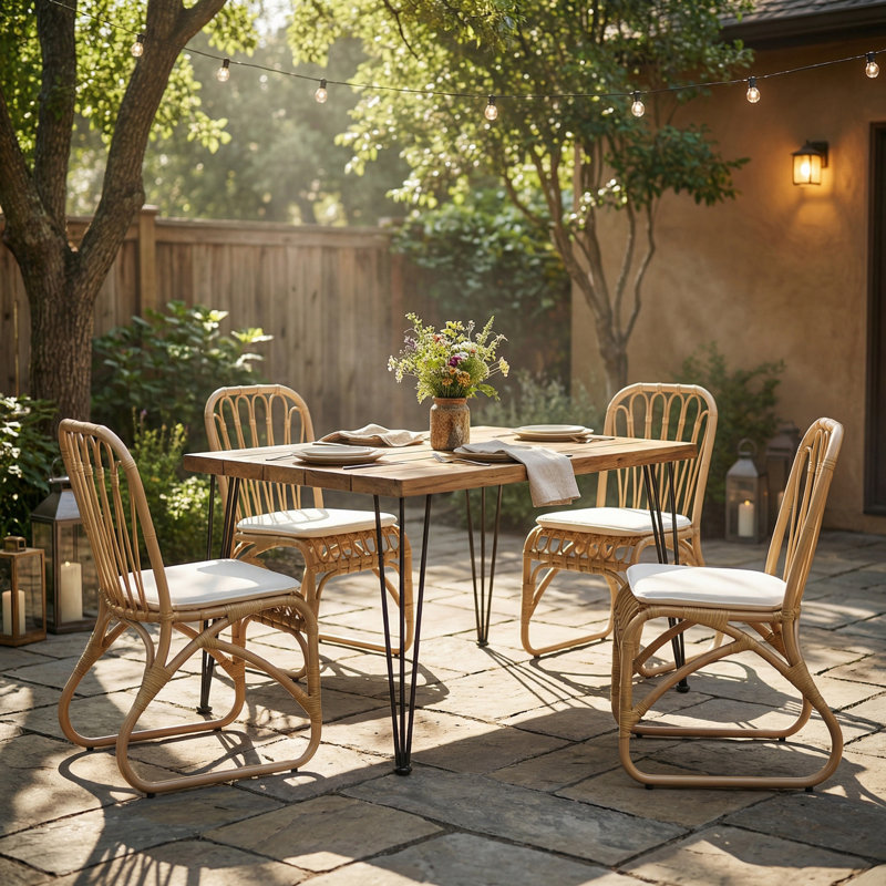 Ensemble repas d'extérieur pour 4 avec table carrée et chaises en rotin