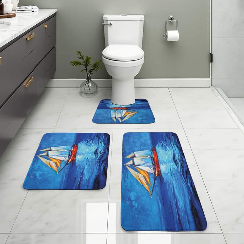  Ensemble de tapis de salle de bain nautique 3 pièces et tapis en U et bleu marine