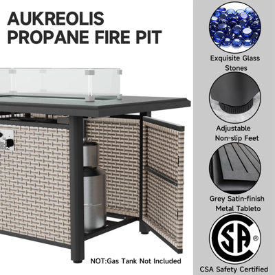 43" PE Wicker Propane Fire Pit Table, 60000 BTU Outdoor Heating Firepit with Aluminum Tabletop & Glass Wind Guard for Patio Backyard