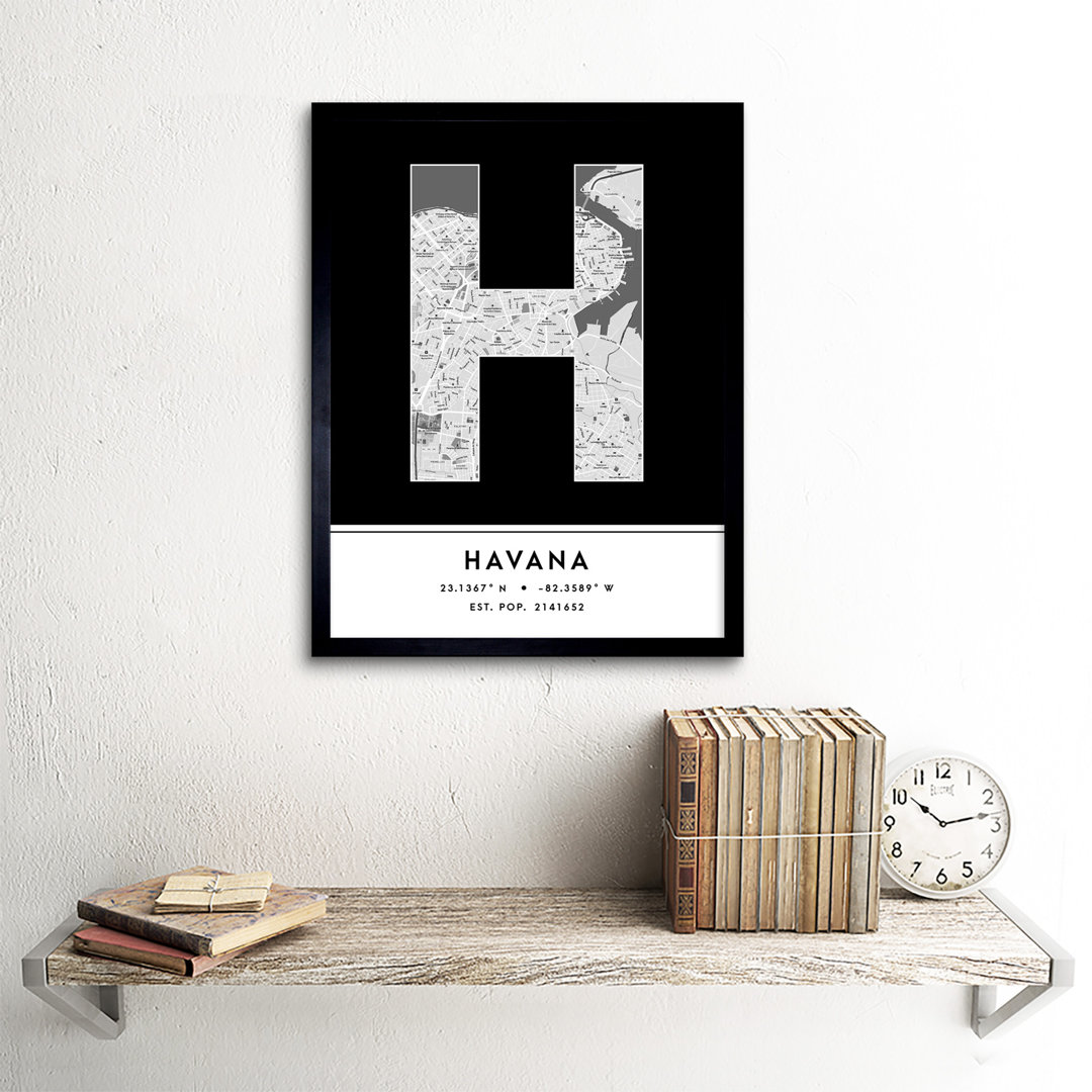 Havana City Map Havana Black & White by Wee Blue Coo - Single Picture Frame Typography