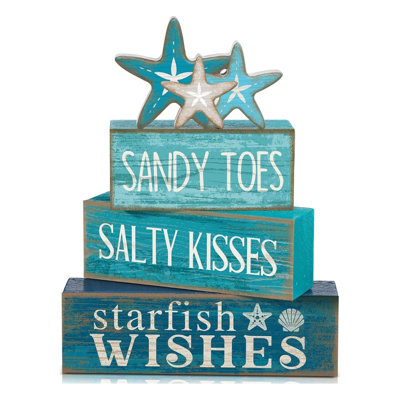 Beach Wooden Decor Set Of 4 Starfish Tiered Tray Block Signs