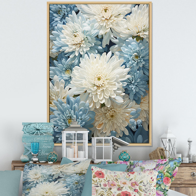 Minimalisme «Blooming Mums» en bleu et blanc III sur toile, Cadre naturel flottant, H 44 po x l 34 po x P 1,5 po
