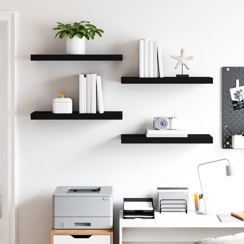 Wall Shelf  Wall Mounted Display Shelf for Photo Frame Set of 4, 1.5" H x 23.6" W x 9.3" D, Black, 4