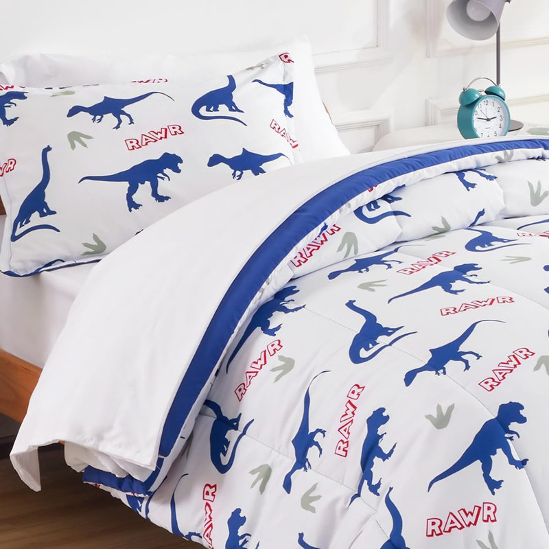 Ensemble de literie pour enfants Space Rocket, Lit simple, Mignon dinosaure bleu / blanc