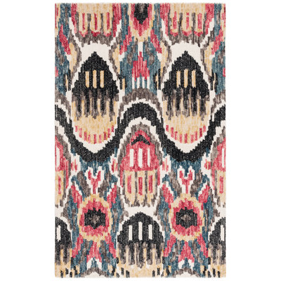 Tapis noir / rouge en laine / coton touffeté à la main Ikat 152