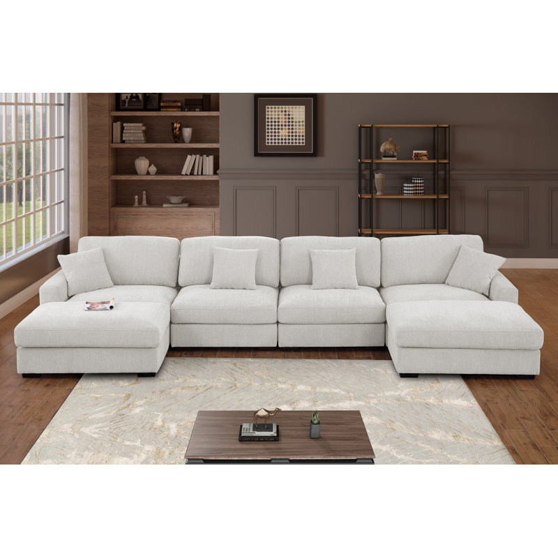 Chenille Modular U-shaped Chaise Sectional with Two Large Ottomans, White Polyester