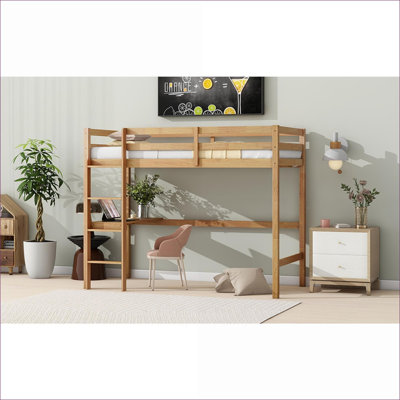 Twin Size Rubber Wood High Loft Bed With Built-In Desk No Box Spring Needed White Oak For Small Bedroom