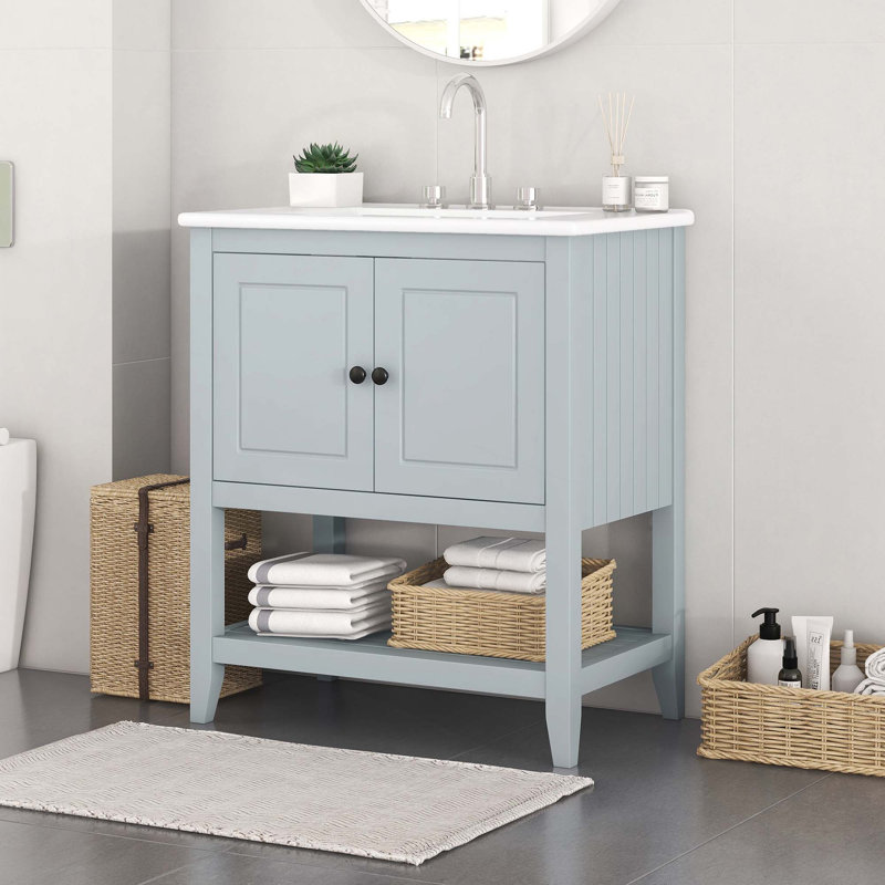 30" Modern Sleek Bathroom Vanity Elegant Ceramic Sink With Solid Wood Frame Open Style Shelf & Door Shelf Design, Grey
