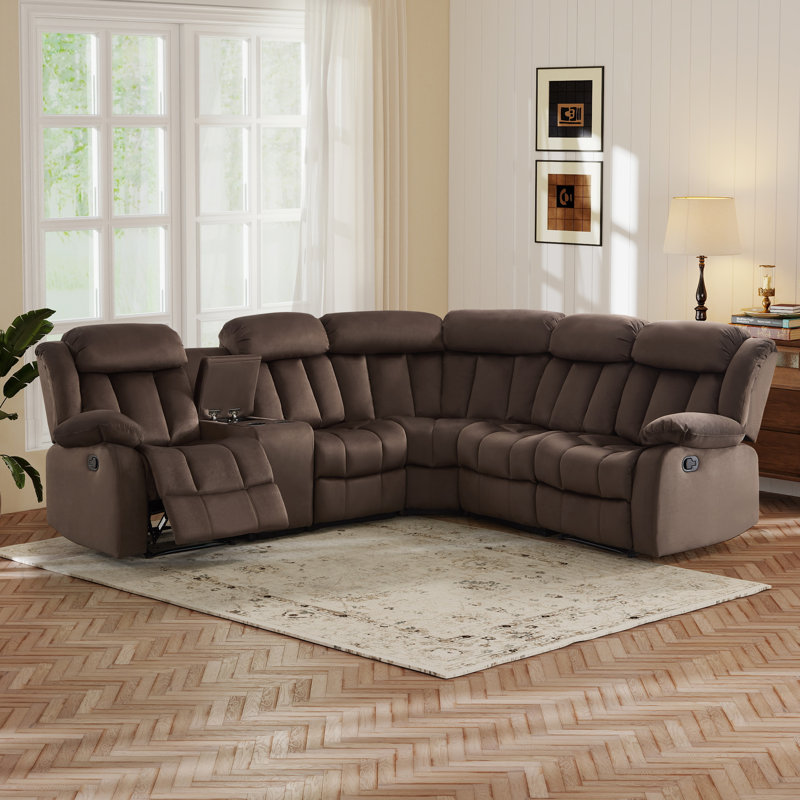 108.8''W 7-Piece Modern Microfiber Upholstered Soft Manual Reclining Sectional With Cupholders & Storage, Brown Microsuede