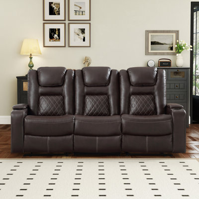 Canapé de cinéma en cuir de qualité supérieure avec rembourrage en cuir haut de gamme de 82,68 po Buchu avec ports USB, porte-gobelets et compartiment de rangement