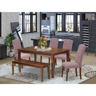 L'ensemble de table de salle à manger 6 pièces contient une table de cuisine rectangulaire et 4 chaises Parson en lin Dahlia avec banc, acajou