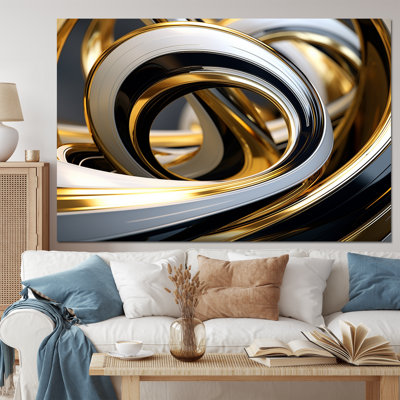 Liquide or noir et blanc tourbillonnant dimension I - spirales abstraites grand art mural