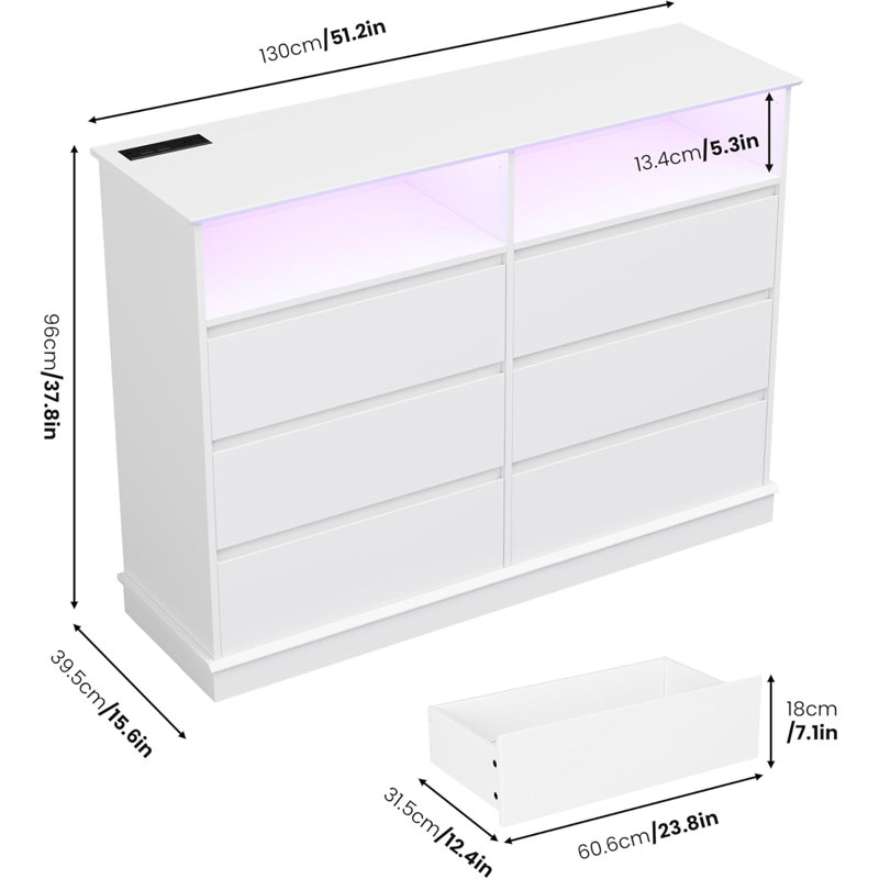 Dresser For Bedroom, 6 Drawer Dresser With Led Lights And Charging Station, White