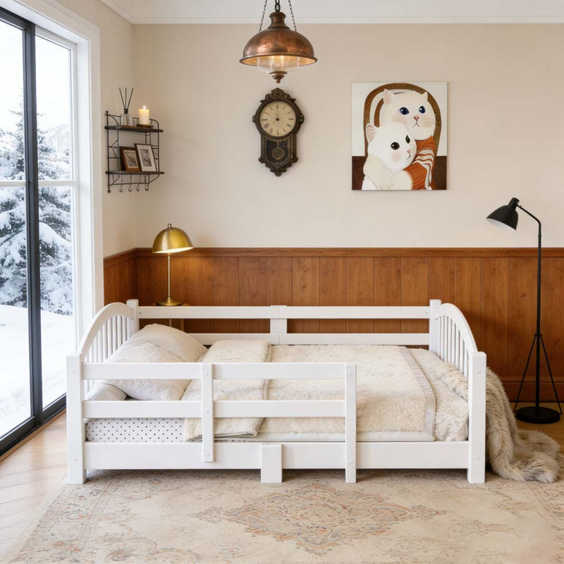 Lit simple Montessori avec lattes et barrières de sécurité,, Blanc, Lit simple