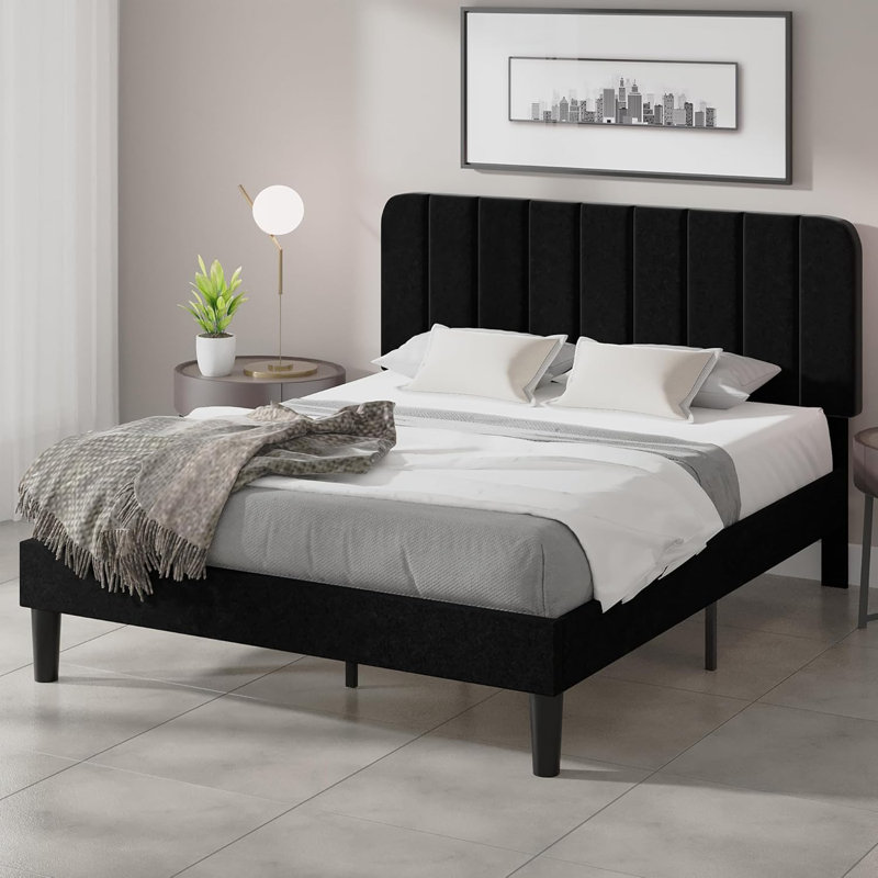 Base de lit pleine grandeur avec tête de lit réglable Haywards, lits plateforme robustes en velours avec support en lattes de bois massif, aucun sommier requis, noir