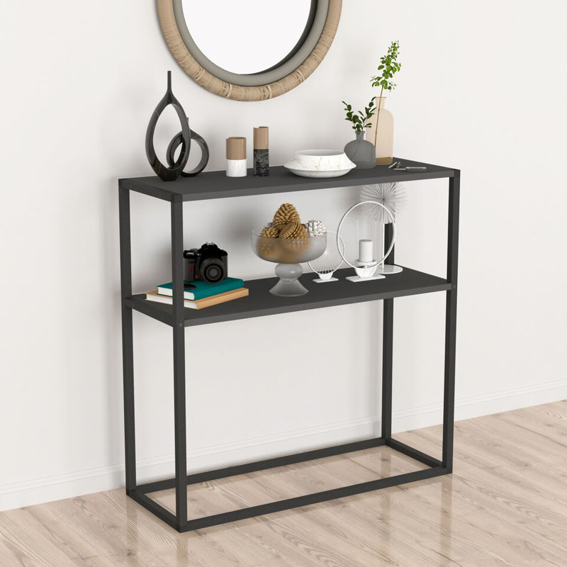 Aigar 90cm Solid Wood Top Console Table, Grey/Black
