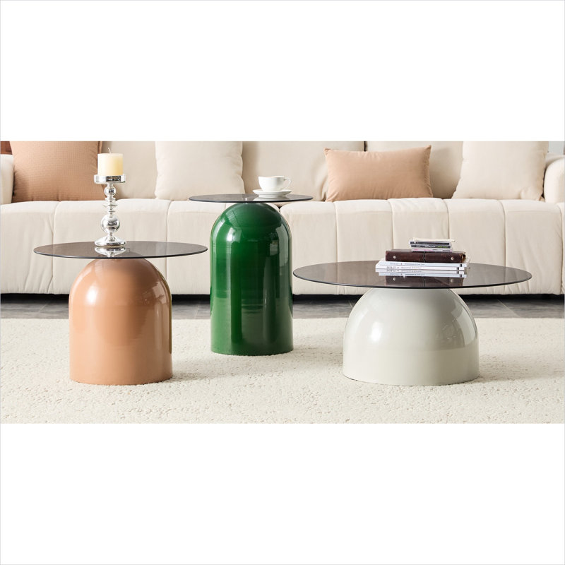 Ensemble de 3 tables basses gigognes en verre gris ardoise, design circulaire peu encombrant pour le salon, style appartement moderne