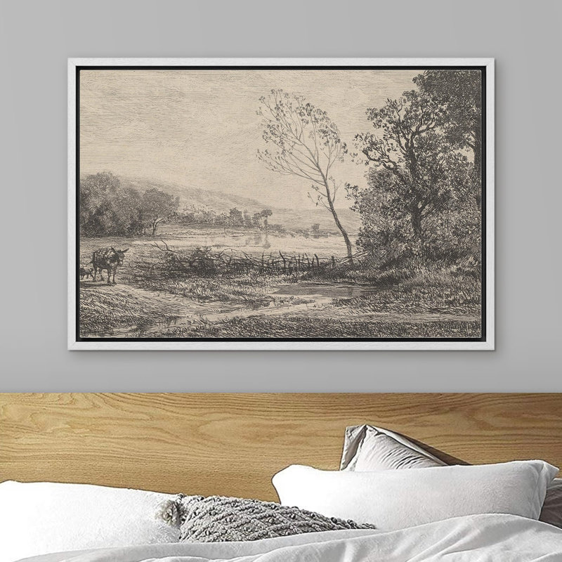 "Paysage pastoral gravant une ferme rustique avec des arbres et des boeufs, un art moderne de campagne de style antique" sur