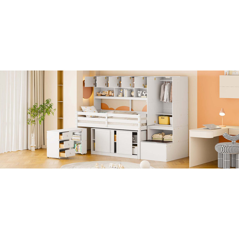 Grand lit mezzanine en bois avec rangement sous le lit, avec tiroirs et tablettes, Lit simple, Blanc