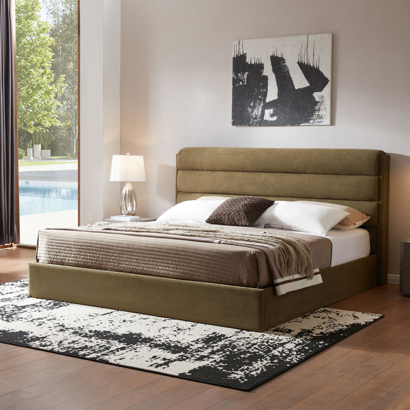 Lit plateforme tapissier avec rangement relevable, Très grand, Vert olive