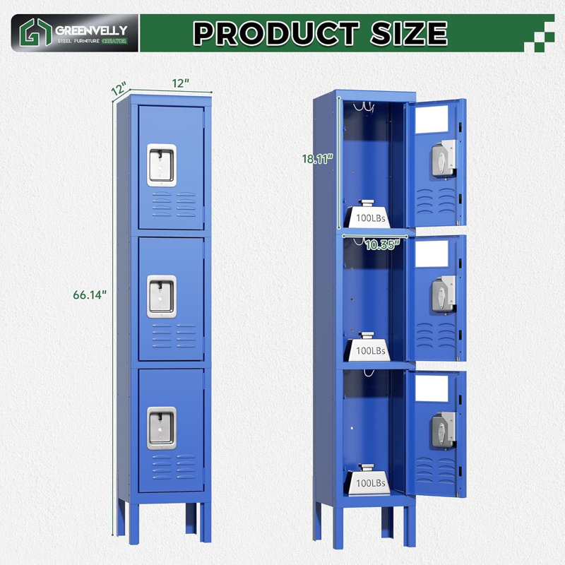 3 - Tier 12" Wide Locker with Hooks and Mirrors, Blue