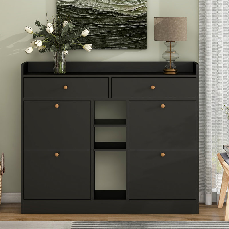 Armoire à chaussures moderne avec 4 tiroirs rabattables, parfaite pour les vestibules organisés et élégants, Noir
