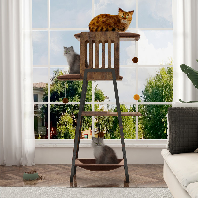 Arbre à chat moderne, tour à chat de 58 pouces pour grands chats, arbre à chat Maine Coon avec planche à gratter, grand perchoir, hamac et coussinets amovibles, brun rustique