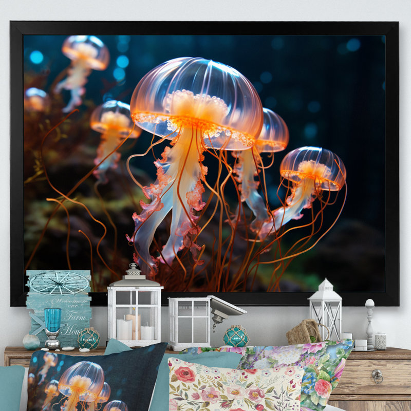 Méduse Oceans Glow II - imprimé, H 34 po x l 44 po x P 1,5 po, Cadre simple noir