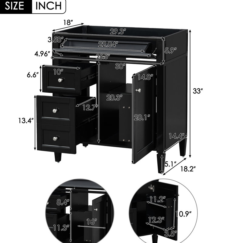 Meuble-lavabo de salle de bain de 30 po sans lavabo supérieur de style moderne, 2 tiroirs et tiroir basculant, rangement divers avec rangement pour porte d'armoire, glissières de tiroir en métal lisse et bois massif pour
