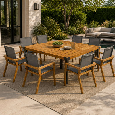 9‑Piece Acacia Wood Outdoor Dining Set, 64" Square Teak Finish Wooden Patio Table & 8 Arm Chairs with Black Textilene Sling Fabric, Heavy‑Duty Outdoor Furniture for Backyard Garden Deck