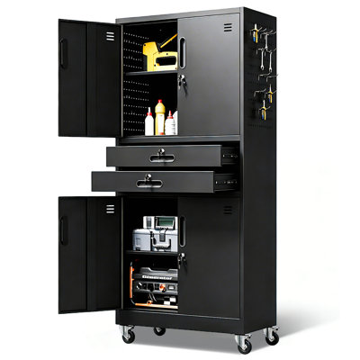Metal Storage Cabinet with Drawer, Lockable Rolling Tool Cabinet with Pegboard, 2 Adjustable Shelves & 8 Hooks