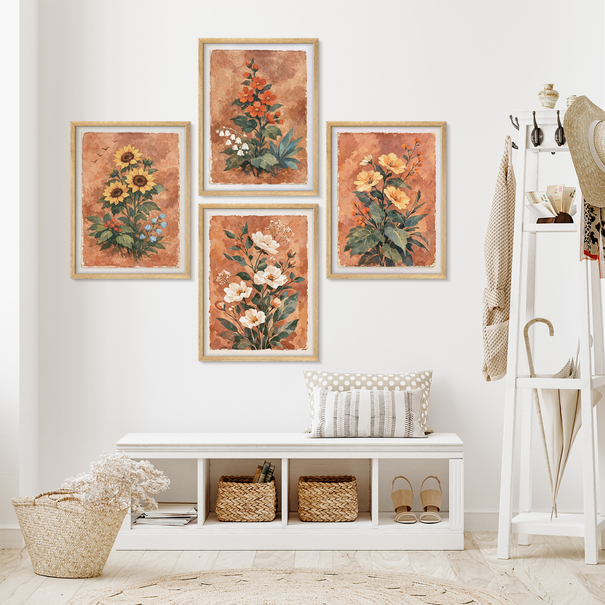 SIGNLEADER Rustic Floral Botanical Framed Wall Art Prints Set of 4 ...