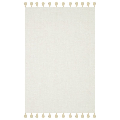 Moroccan Ecru Woven Look Fringed Modern Flatweave Rug