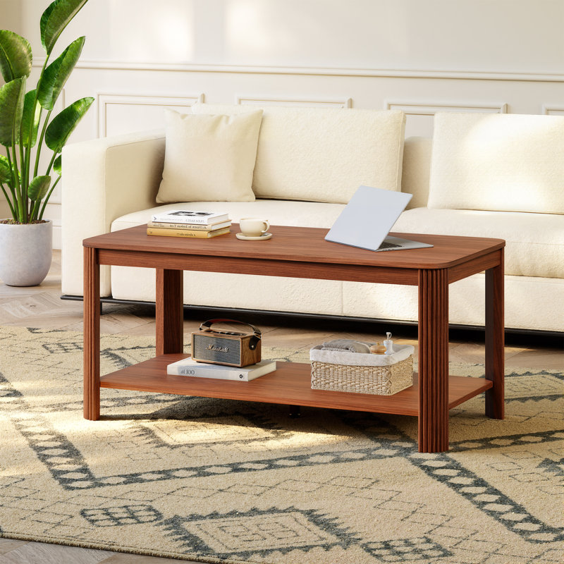 Modern Coffee Table with 2-Tier Storage and Vertical Wave Grain Legs - 39.4 Inch Rectangle Accent Table