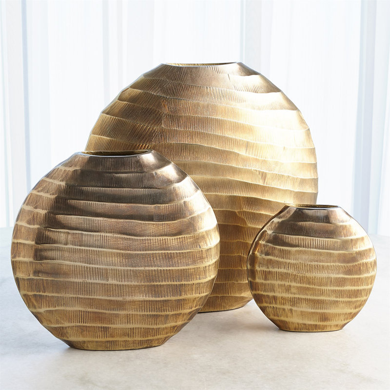 Chased Oval Vase-Antique Brass, 7.25" H x 7.75" W x 2.5" D