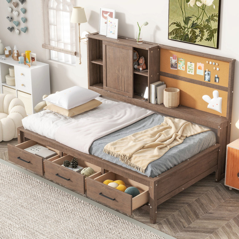 Twin Size Lounge Daybed With Storage Shelves, Cork Board, Usb Ports And 3 Drawers, Natural