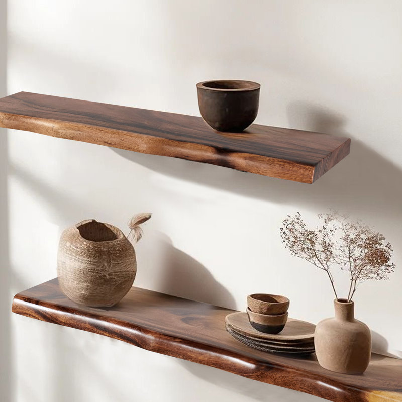 Pieced acacia wood shelf with live edge, 1.4" H x 36" W x 8" D