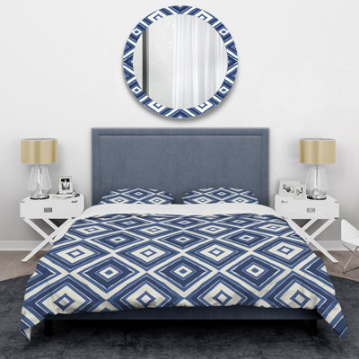 Blue White Timeless Royal Geo Tile I - Transitional Duvet Cover Set