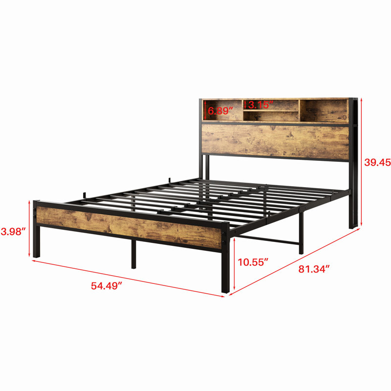 Structure de lit double avec rangement et station de charge, bois métallique, bruit, noir, aucun sommier requis, prises de tête de lit de plateforme faciles à assembler, taille, stable, requis