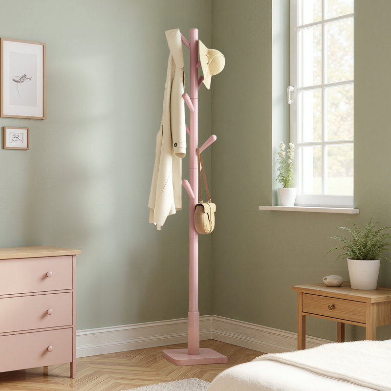 Trikomou Solid Wood 8-Hook Freestanding Coat Rack, Pink
