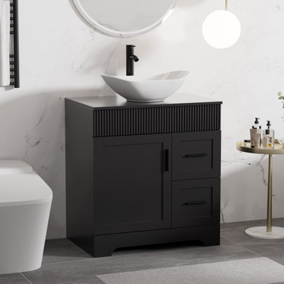 30" Freestanding Single Bathroom Vanity Set With Manufactured Wood Top, Vessel Sink, Faucet And Drain, Hand Painted Water-Resistant